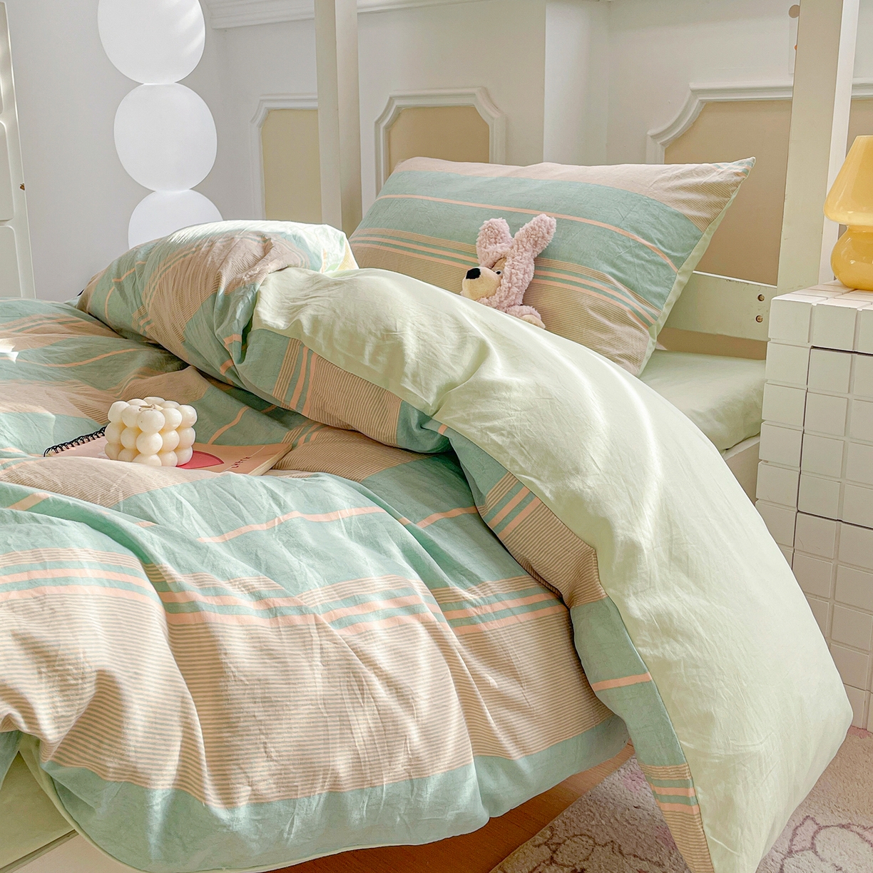 91家纺网 家纺一手货源 找家纺 纽缦家纺 2026新款水洗棉简约格子风学生床套件系列 淡香-绿