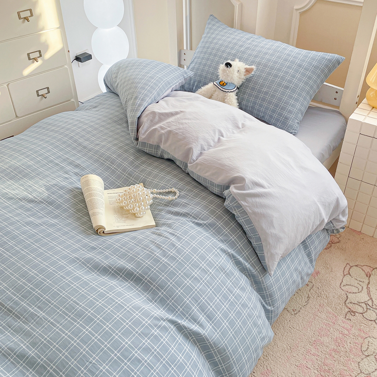 纽缦家纺 2026新款水洗棉简约格子风学生床套件系列 海之声-灰