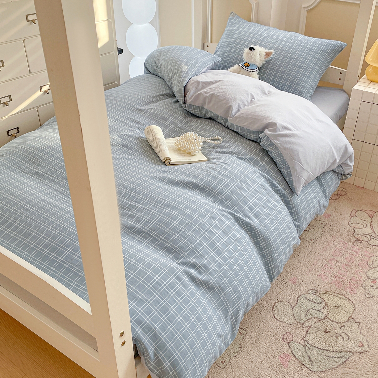 91家纺网 家纺一手货源 找家纺 纽缦家纺 2026新款水洗棉简约格子风学生床套件系列 海之声-灰