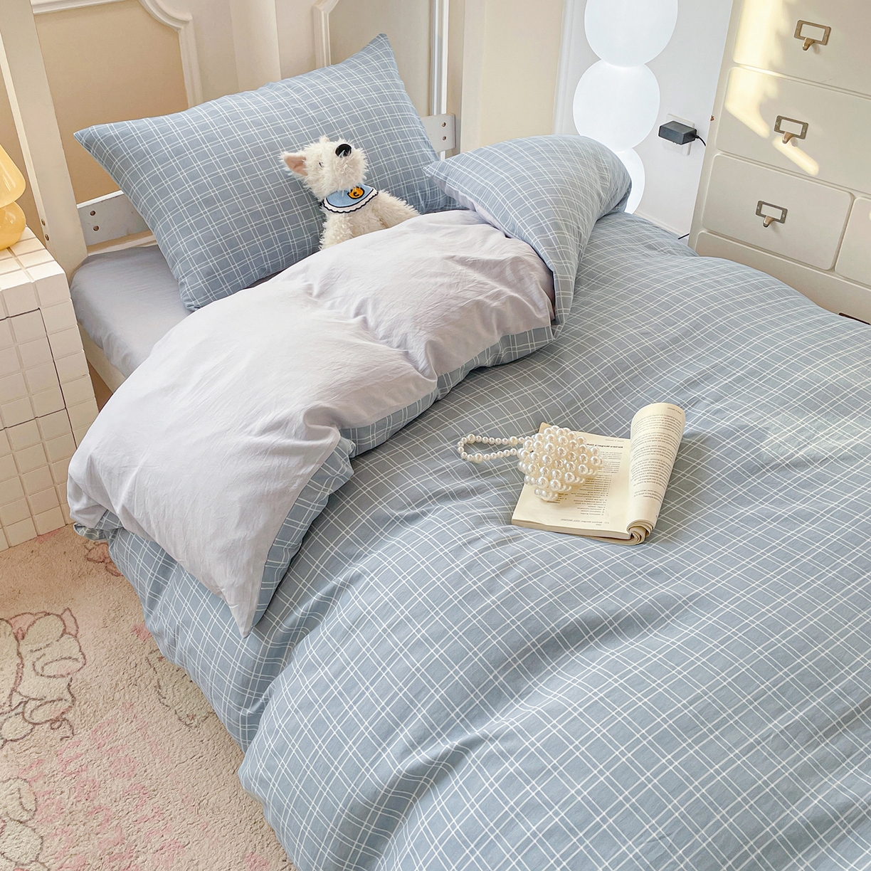 91家纺网 家纺一手货源 找家纺 纽缦家纺 2026新款水洗棉简约格子风学生床套件系列 海之声-灰