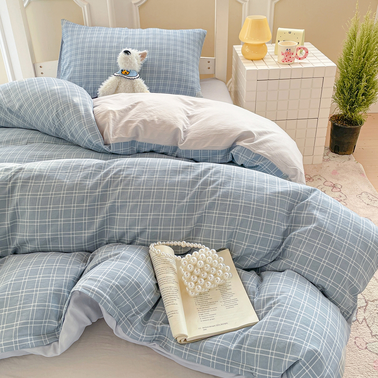 91家纺网 家纺一手货源 找家纺 纽缦家纺 2026新款水洗棉简约格子风学生床套件系列 海之声-灰