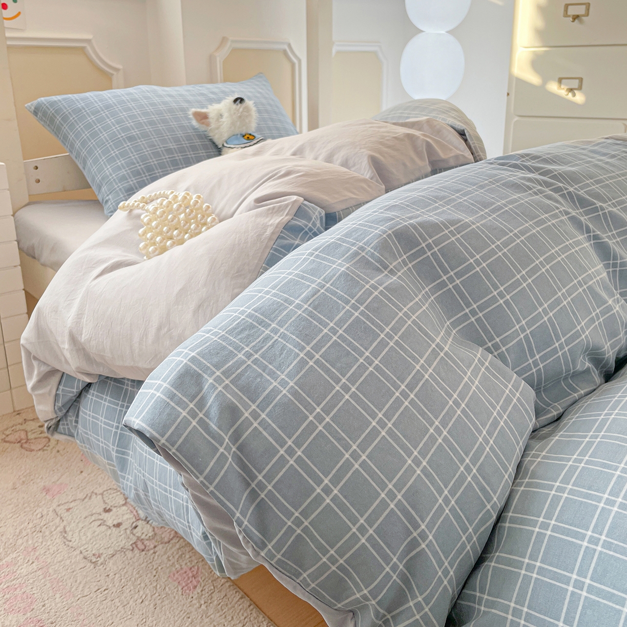 91家纺网 家纺一手货源 找家纺 纽缦家纺 2026新款水洗棉简约格子风学生床套件系列 海之声-灰