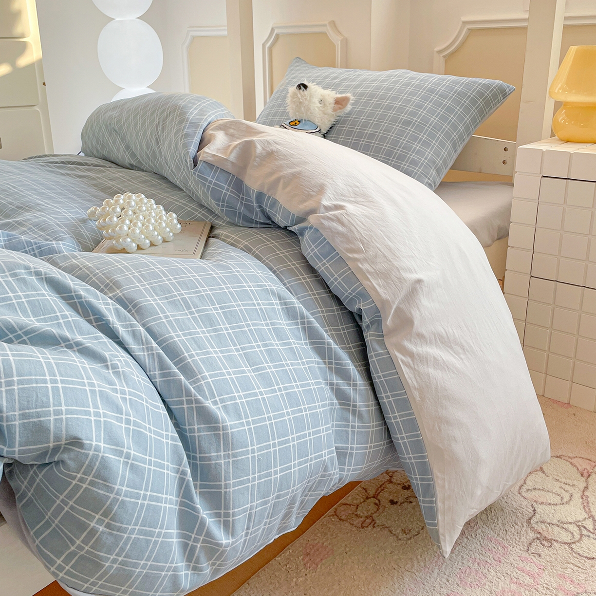 91家纺网 家纺一手货源 找家纺 纽缦家纺 2026新款水洗棉简约格子风学生床套件系列 海之声-灰