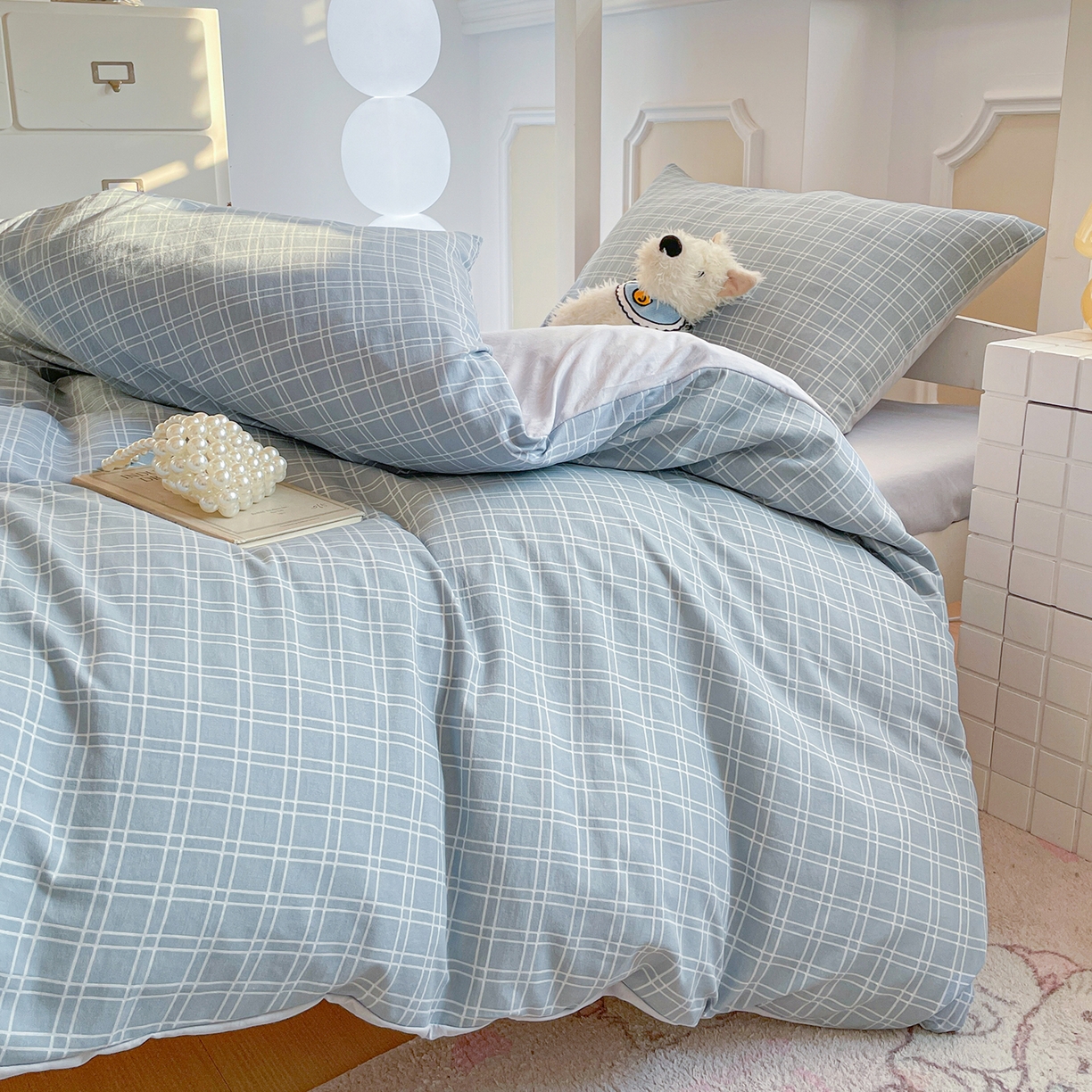 91家纺网 家纺一手货源 找家纺 纽缦家纺 2026新款水洗棉简约格子风学生床套件系列 海之声-灰
