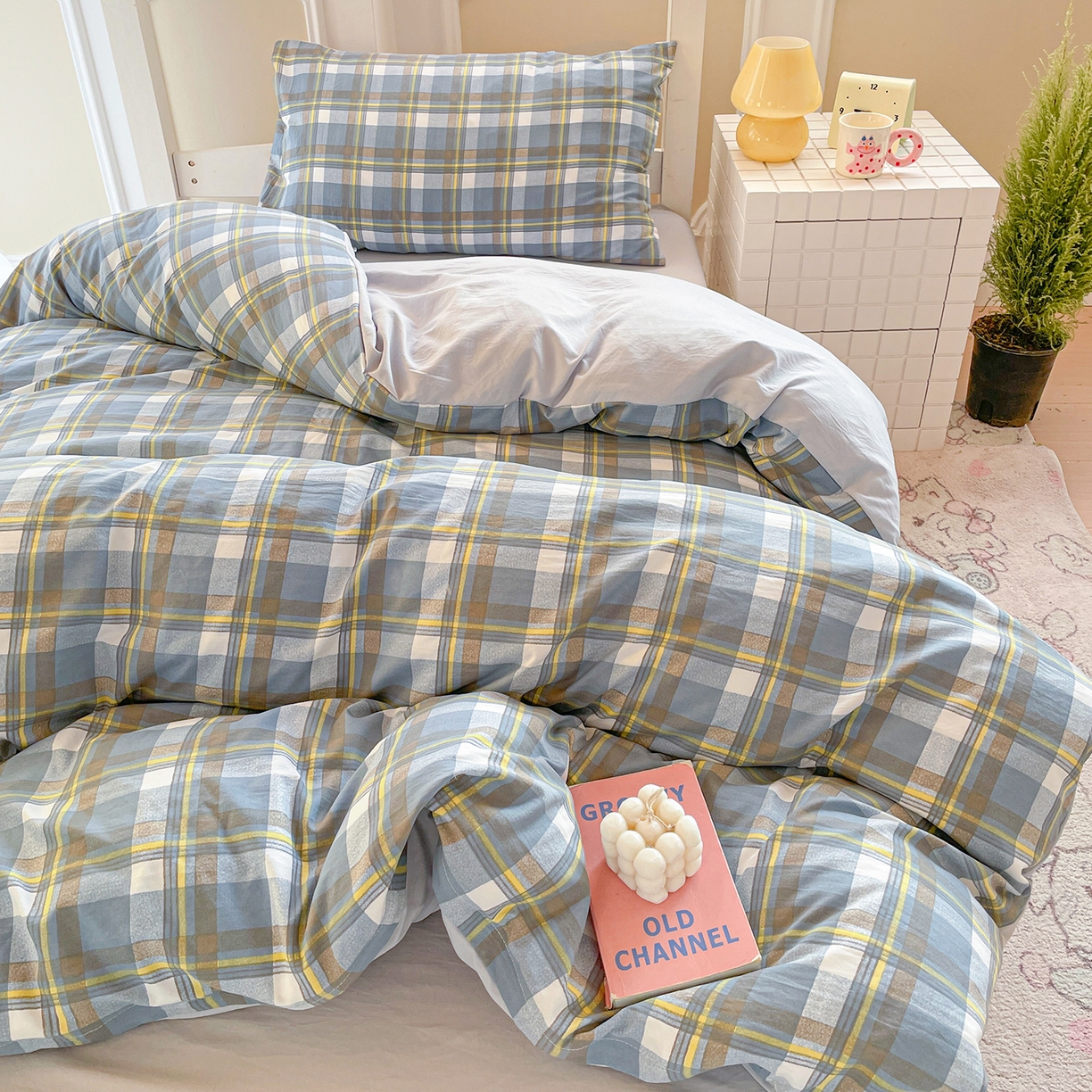 91家纺网 家纺一手货源 找家纺 纽缦家纺 2026新款水洗棉简约格子风学生床套件系列 简意