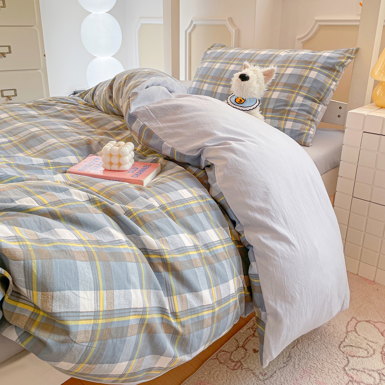 91家纺网 家纺一手货源 找家纺 纽缦家纺 2026新款水洗棉简约格子风学生床套件系列 简意