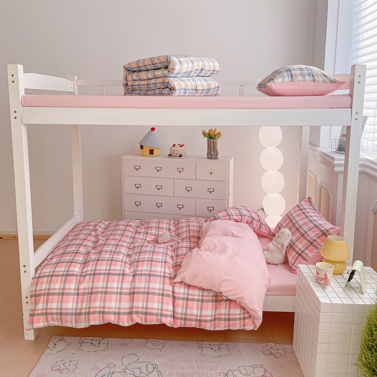 91家纺网 家纺一手货源 找家纺 纽缦家纺 2026新款水洗棉简约格子风学生床套件系列 简意-粉