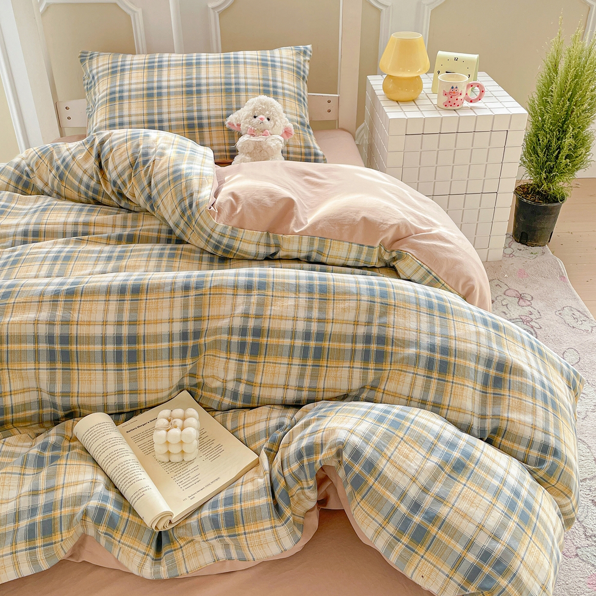 91家纺网 家纺一手货源 找家纺 纽缦家纺 2026新款水洗棉简约格子风学生床套件系列 临风