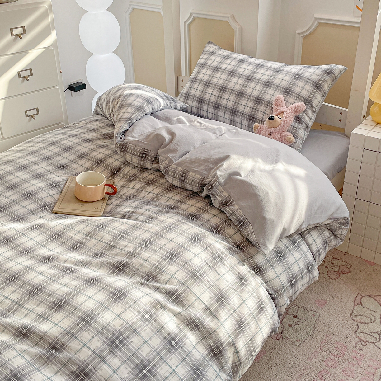 91家纺网 家纺一手货源 找家纺 纽缦家纺 2026新款水洗棉简约格子风学生床套件系列 暮春