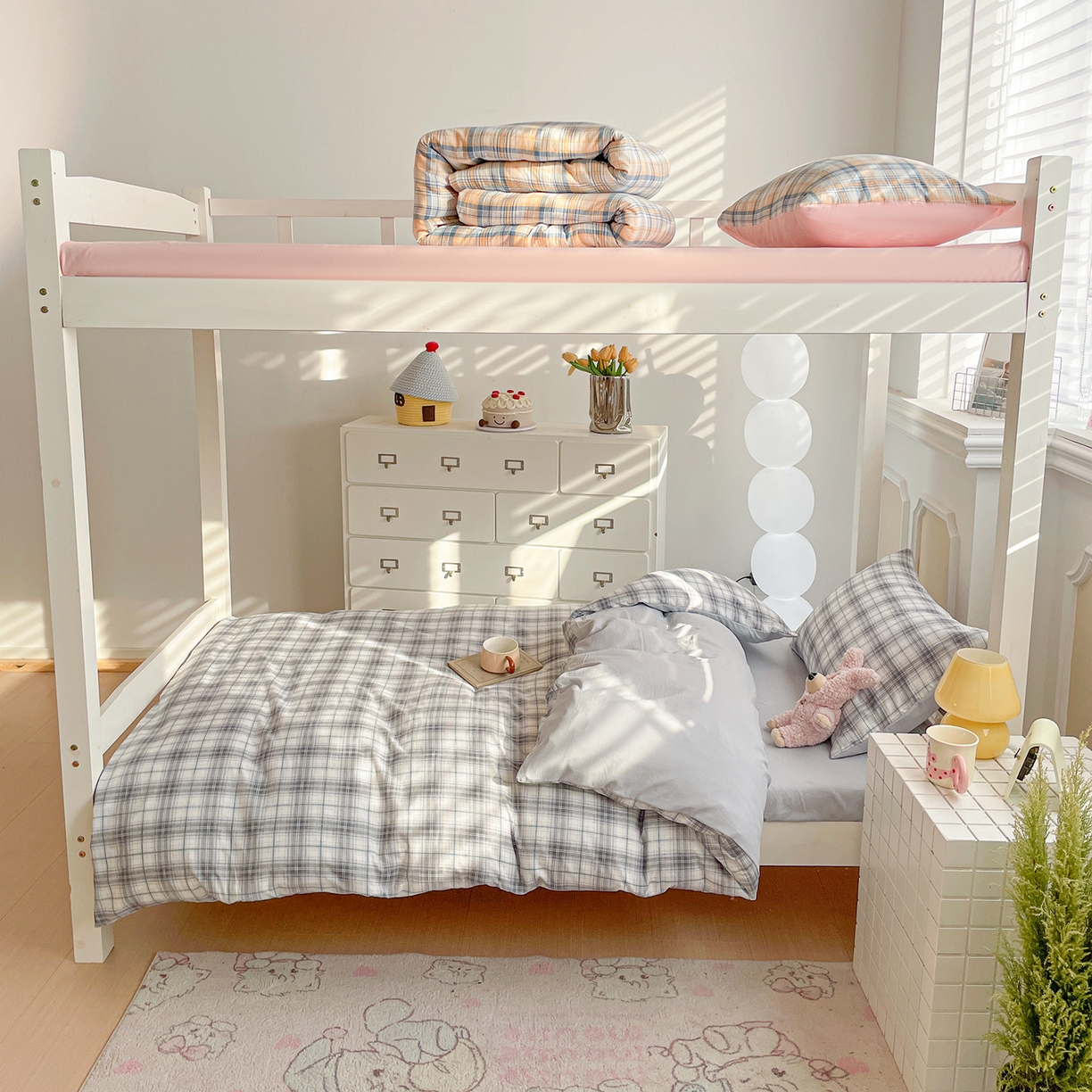 91家纺网 家纺一手货源 找家纺 纽缦家纺 2026新款水洗棉简约格子风学生床套件系列 暮春