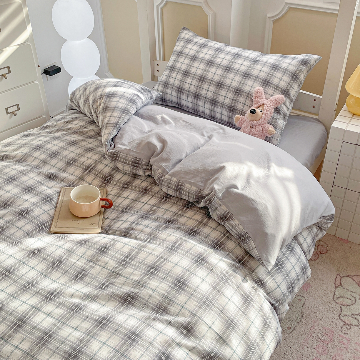 91家纺网 家纺一手货源 找家纺 纽缦家纺 2026新款水洗棉简约格子风学生床套件系列 暮春