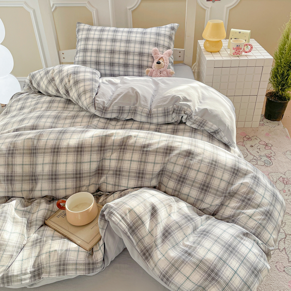 91家纺网 家纺一手货源 找家纺 纽缦家纺 2026新款水洗棉简约格子风学生床套件系列 暮春