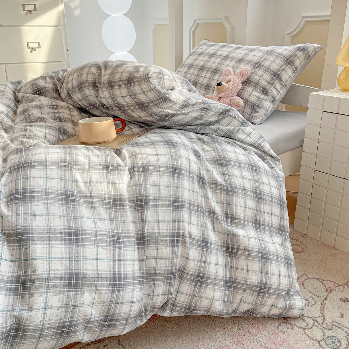 91家纺网 家纺一手货源 找家纺 纽缦家纺 2026新款水洗棉简约格子风学生床套件系列 暮春