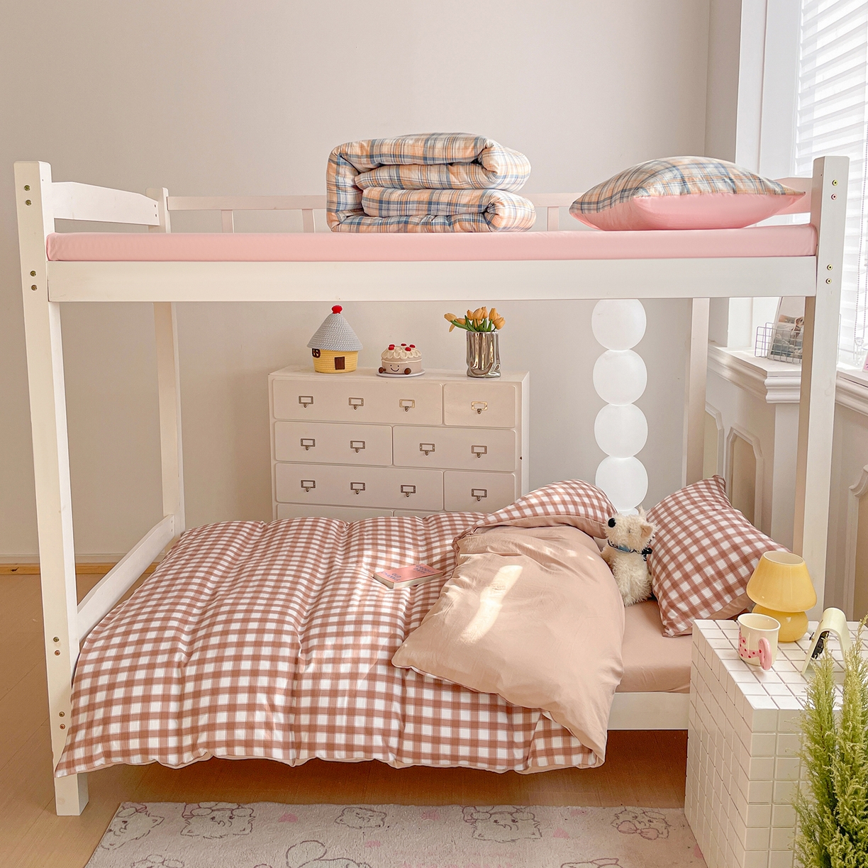 91家纺网 家纺一手货源 找家纺 纽缦家纺 2026新款水洗棉简约格子风学生床套件系列 朴雅