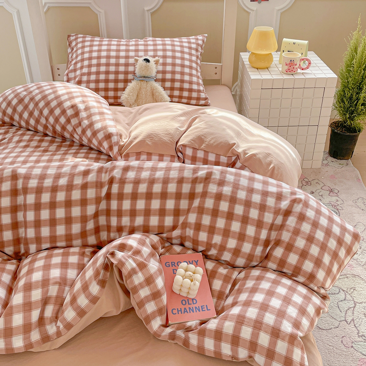 91家纺网 家纺一手货源 找家纺 纽缦家纺 2026新款水洗棉简约格子风学生床套件系列 朴雅