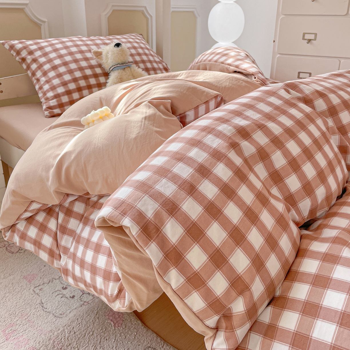 91家纺网 家纺一手货源 找家纺 纽缦家纺 2026新款水洗棉简约格子风学生床套件系列 朴雅