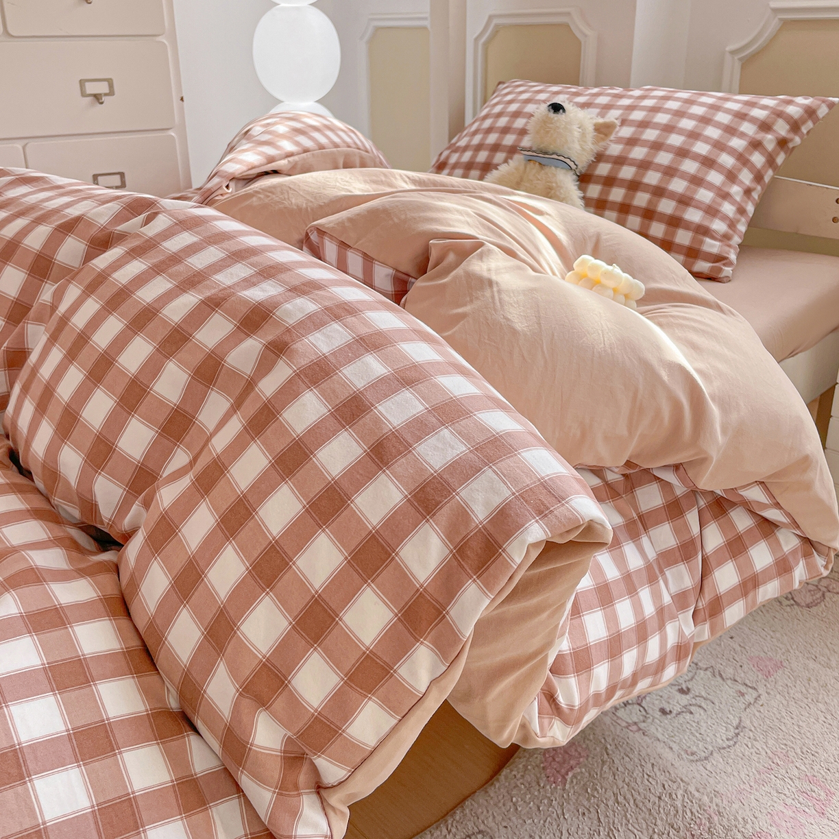 91家纺网 家纺一手货源 找家纺 纽缦家纺 2026新款水洗棉简约格子风学生床套件系列 朴雅