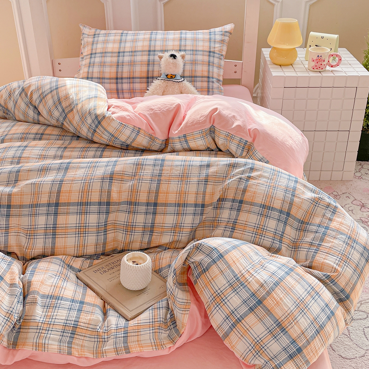 91家纺网 家纺一手货源 找家纺 纽缦家纺 2026新款水洗棉简约格子风学生床套件系列 思南