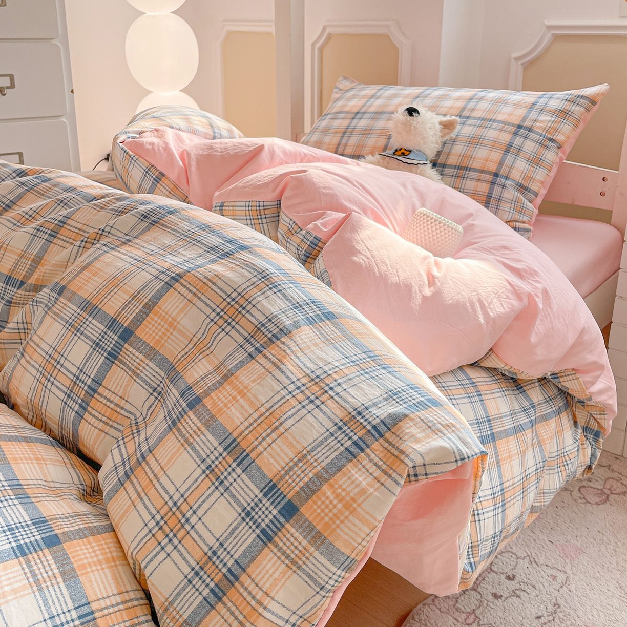 91家纺网 家纺一手货源 找家纺 纽缦家纺 2026新款水洗棉简约格子风学生床套件系列 思南