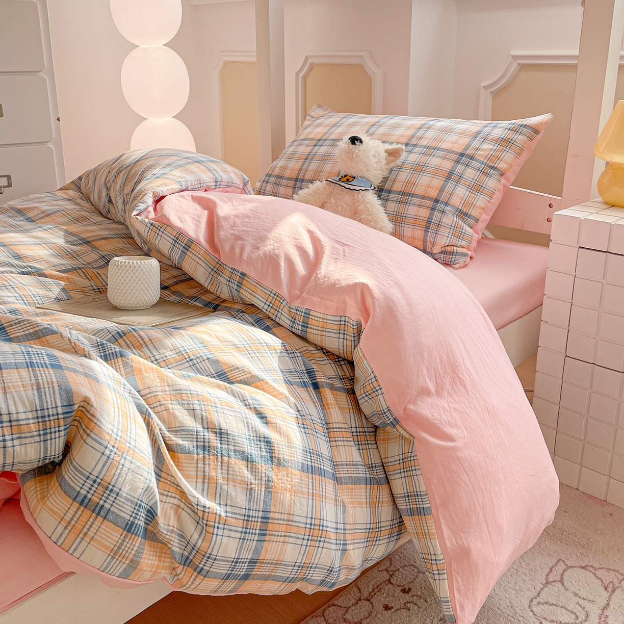 91家纺网 家纺一手货源 找家纺 纽缦家纺 2026新款水洗棉简约格子风学生床套件系列 思南