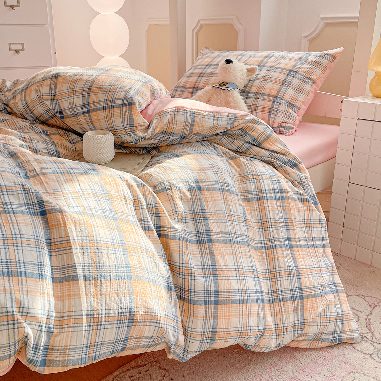 91家纺网 家纺一手货源 找家纺 纽缦家纺 2026新款水洗棉简约格子风学生床套件系列 思南