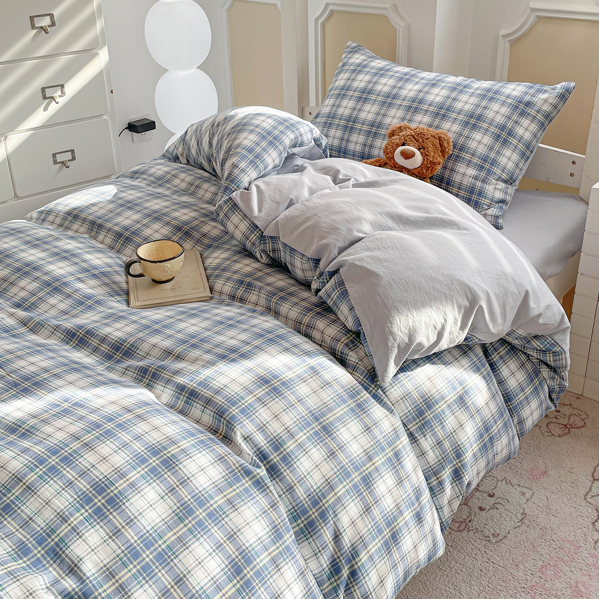 91家纺网 家纺一手货源 找家纺 纽缦家纺 2026新款水洗棉简约格子风学生床套件系列 野趣