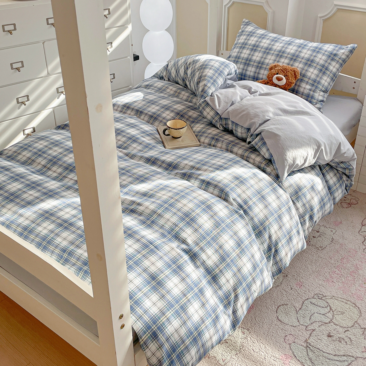 91家纺网 家纺一手货源 找家纺 纽缦家纺 2026新款水洗棉简约格子风学生床套件系列 野趣