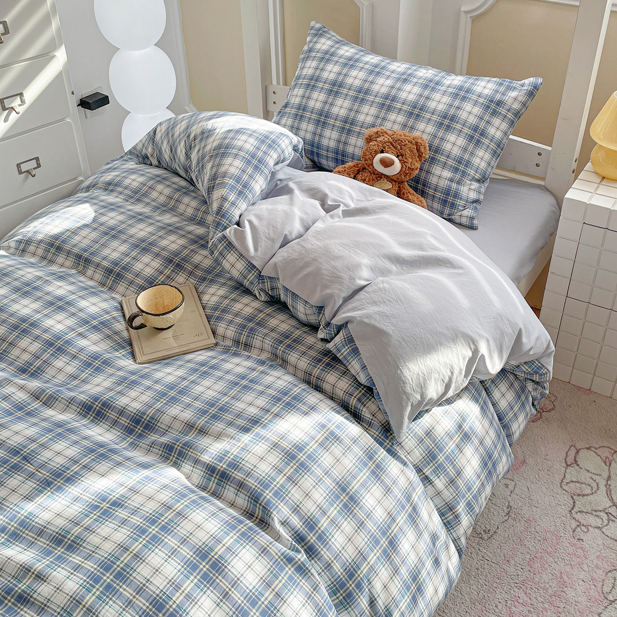 91家纺网 家纺一手货源 找家纺 纽缦家纺 2026新款水洗棉简约格子风学生床套件系列 野趣