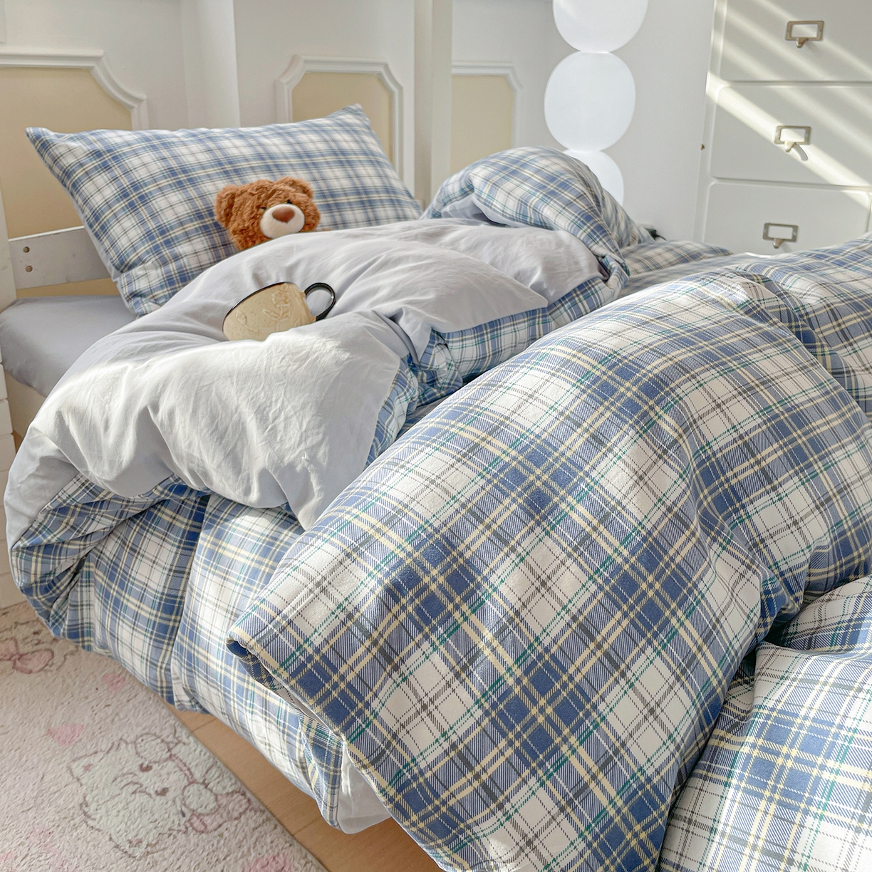 91家纺网 家纺一手货源 找家纺 纽缦家纺 2026新款水洗棉简约格子风学生床套件系列 野趣