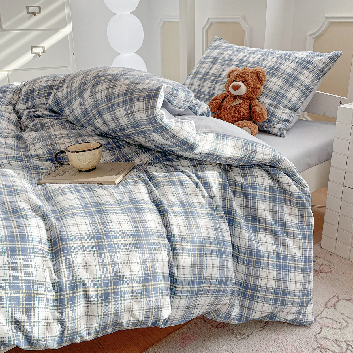 91家纺网 家纺一手货源 找家纺 纽缦家纺 2026新款水洗棉简约格子风学生床套件系列 野趣