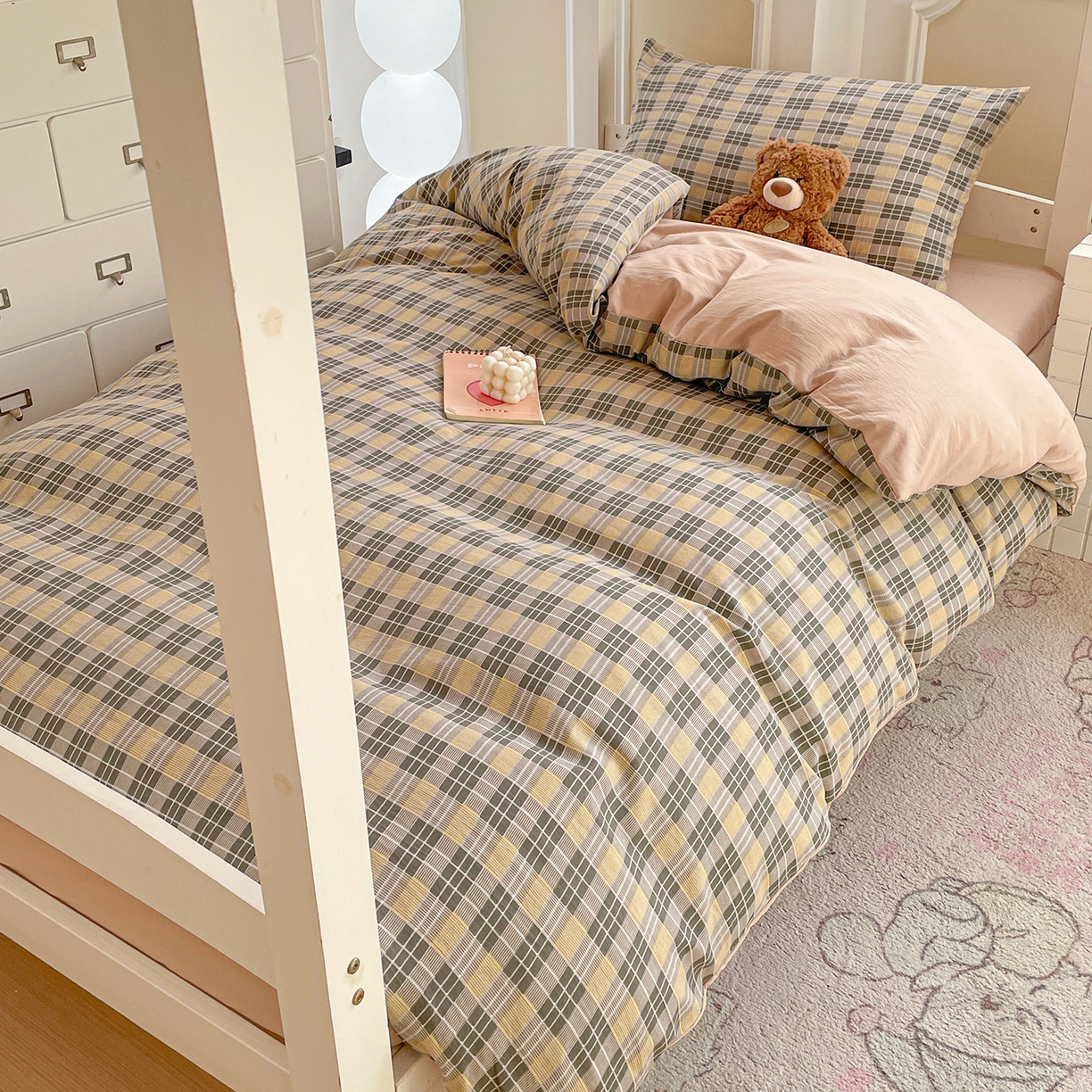 91家纺网 家纺一手货源 找家纺 纽缦家纺 2026新款水洗棉简约格子风学生床套件系列 云初