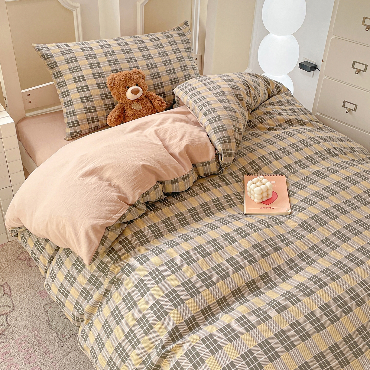 91家纺网 家纺一手货源 找家纺 纽缦家纺 2026新款水洗棉简约格子风学生床套件系列 云初