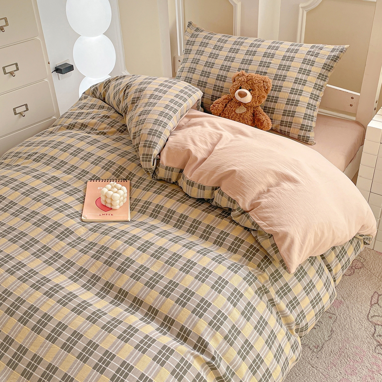 91家纺网 家纺一手货源 找家纺 纽缦家纺 2026新款水洗棉简约格子风学生床套件系列 云初