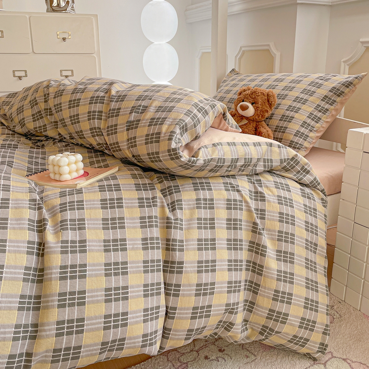 91家纺网 家纺一手货源 找家纺 纽缦家纺 2026新款水洗棉简约格子风学生床套件系列 云初