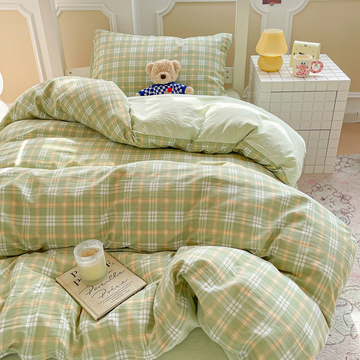 91家纺网 家纺一手货源 找家纺 纽缦家纺 2026新款水洗棉简约格子风学生床套件系列 朱颜-绿