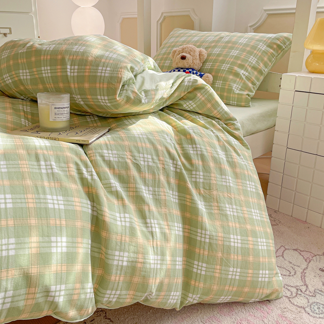 91家纺网 家纺一手货源 找家纺 纽缦家纺 2026新款水洗棉简约格子风学生床套件系列 朱颜-绿
