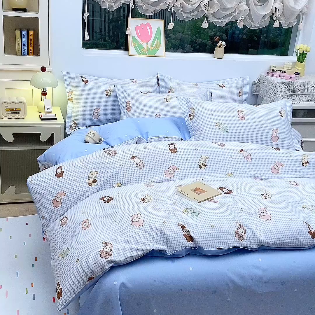 91家纺网 家纺一手货源 找家纺 织写 2026新款A类 四件套纯棉全棉12868    预留缩水尺寸 百变精灵-蓝