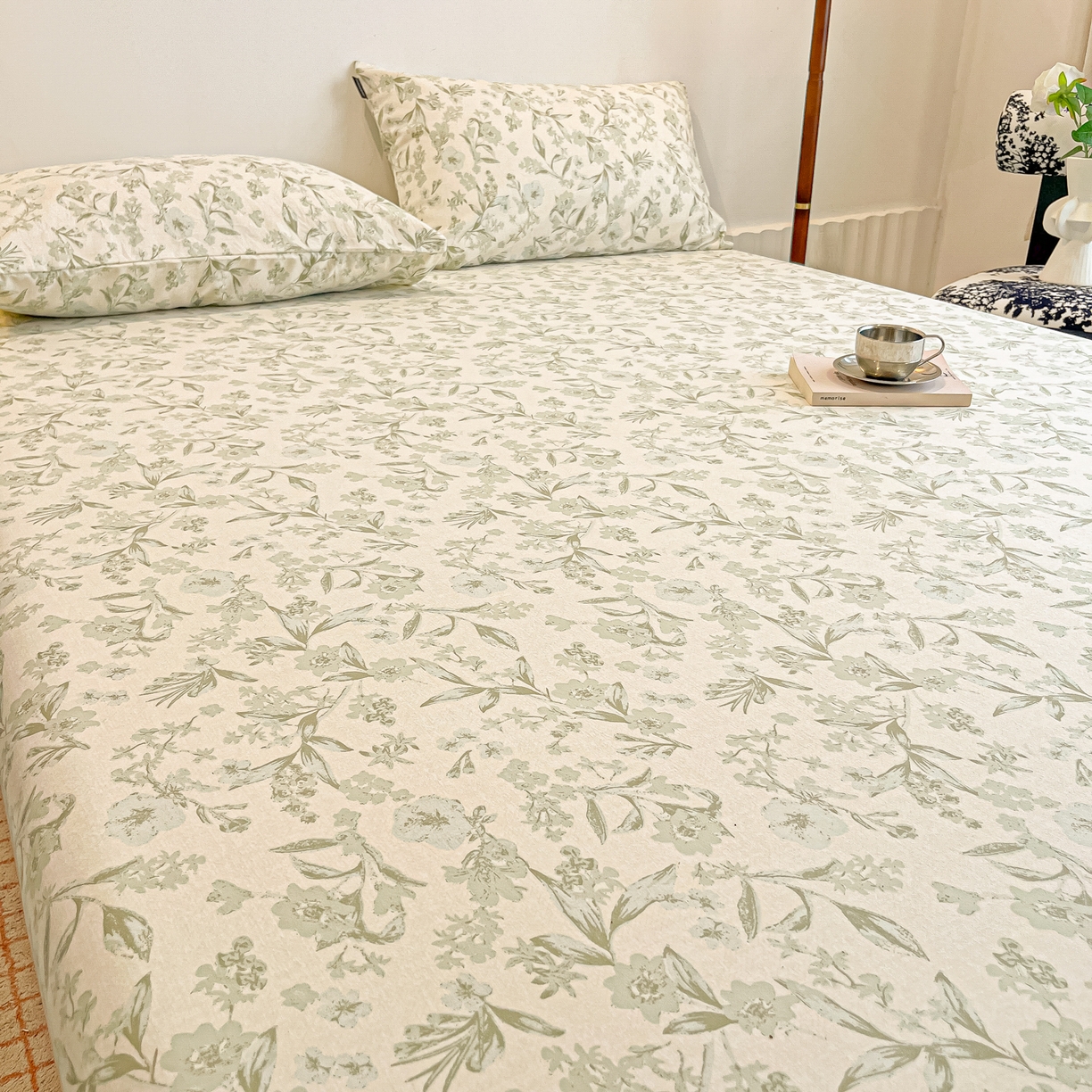 91家纺网 家纺一手货源 找家纺 多乐家纺 2026新款韩系花卉加厚舒柔棉印花单床笠 床笠三件套 茶颜悦色-绿