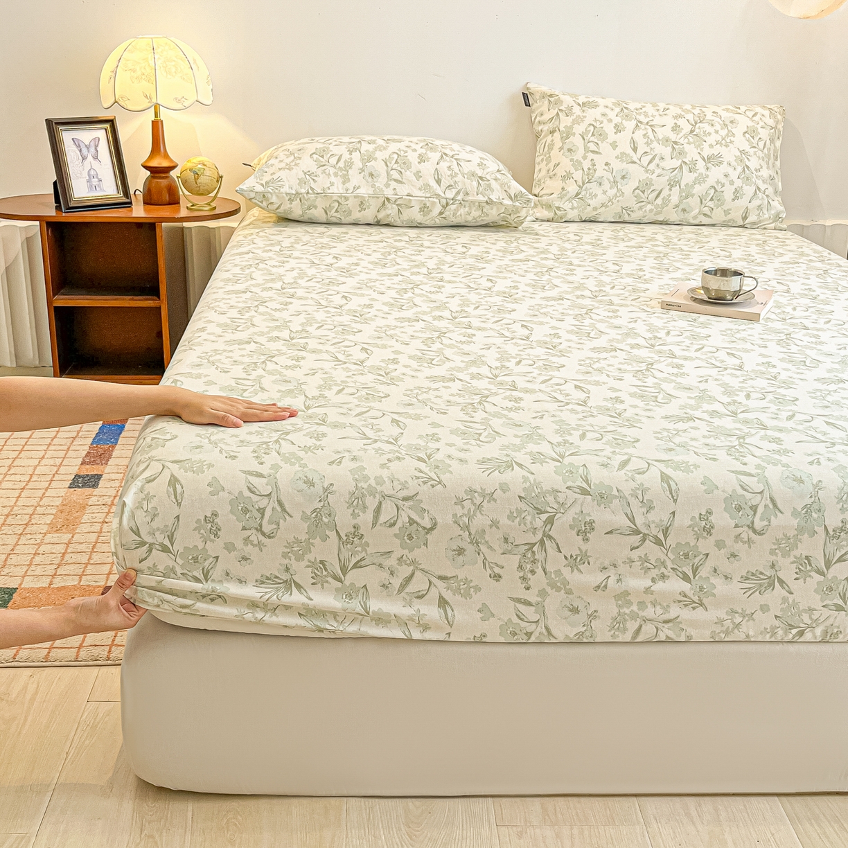 91家纺网 家纺一手货源 找家纺 多乐家纺 2026新款韩系花卉加厚舒柔棉印花单床笠 床笠三件套 茶颜悦色-绿