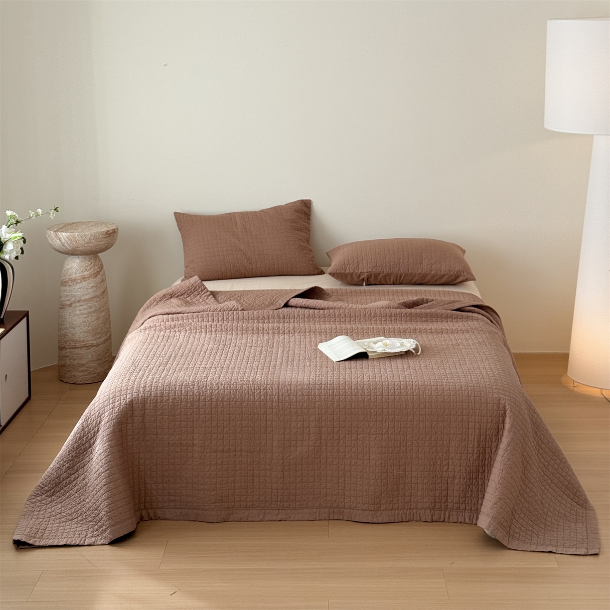 床盖工厂店 2026新款双面全棉填充棉花面包格床盖三件套 面包格-深咖