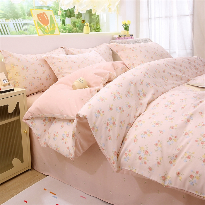 91家纺网 家纺一手货源 找家纺 织写 2026新款A类 四件套纯棉全棉12868    预留缩水尺寸 柔光浅语-粉