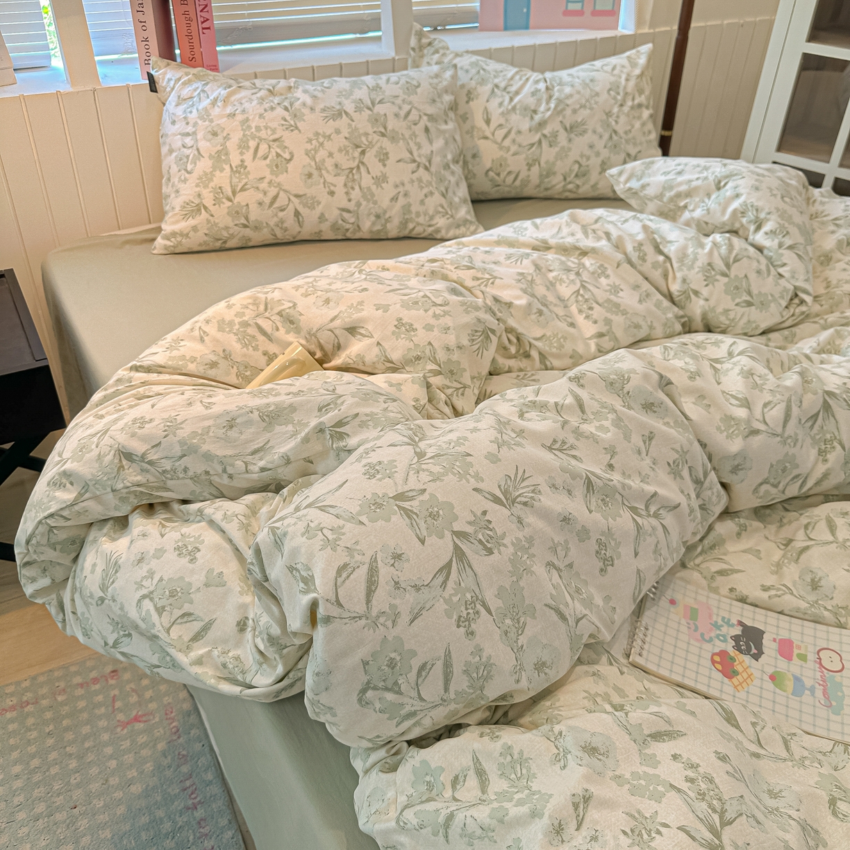 91家纺网 家纺一手货源 找家纺 多乐家纺 2026新款秋冬韩系花卉舒柔棉印花四件套 茶颜悦色-绿