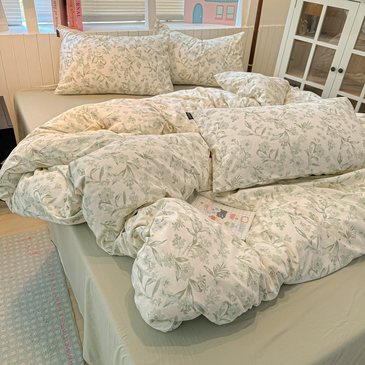 91家纺网 家纺一手货源 找家纺 多乐家纺 2026新款秋冬韩系花卉舒柔棉印花四件套 茶颜悦色-绿