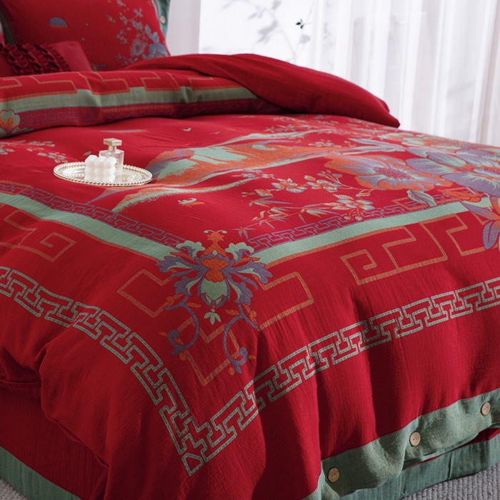 91家纺网 家纺一手货源 找家纺 （总）仰望棉麻双层纱供应链 2026新款大版定位全棉色织提花双层纱四件套-水墨丹青纽扣款