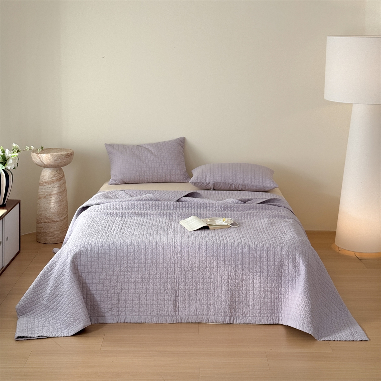 床盖工厂店 2026新款双面全棉填充棉花面包格床盖三件套 面包格-千叶紫