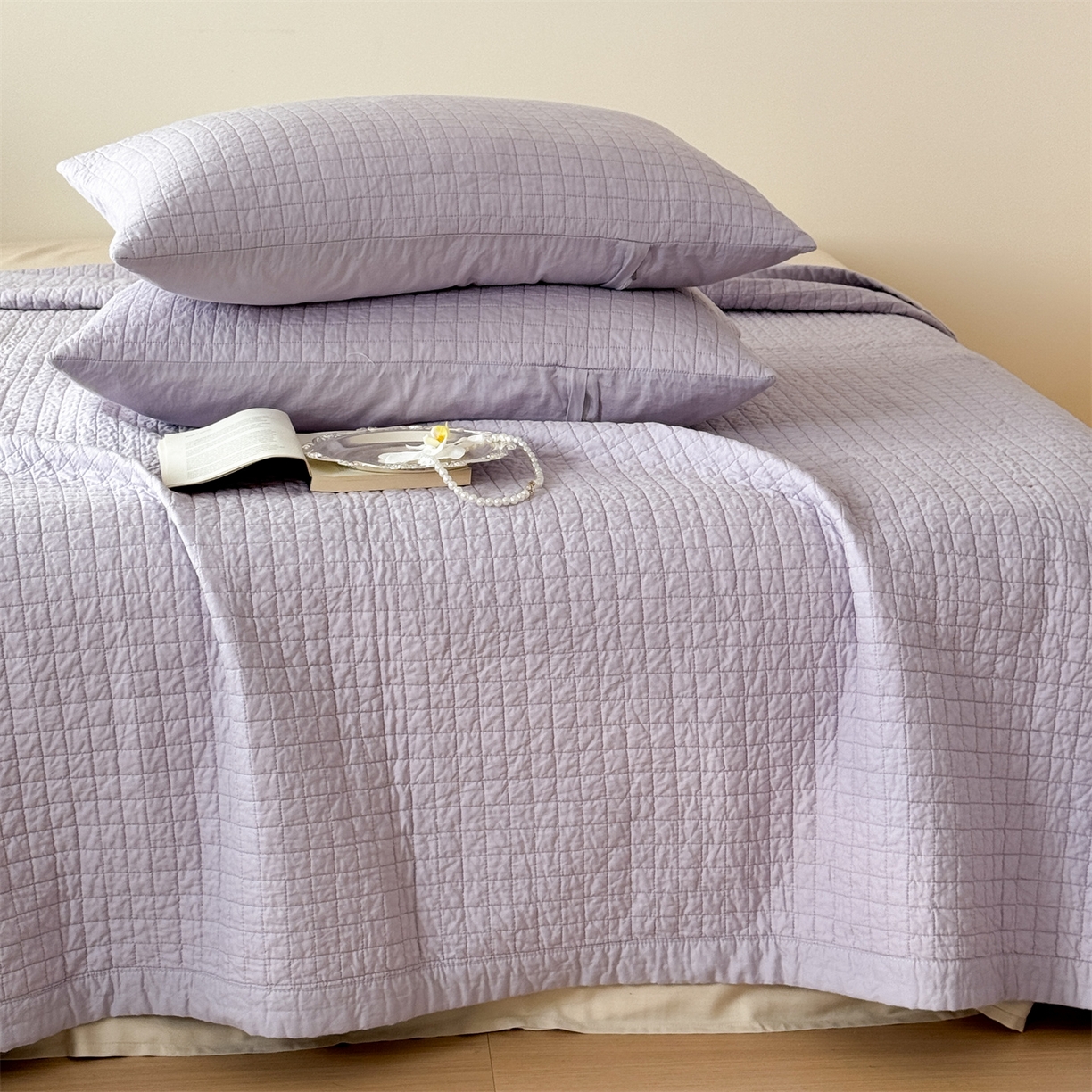 91家纺网 家纺一手货源 找家纺 床盖工厂店 2026新款双面全棉填充棉花面包格床盖三件套 面包格-千叶紫