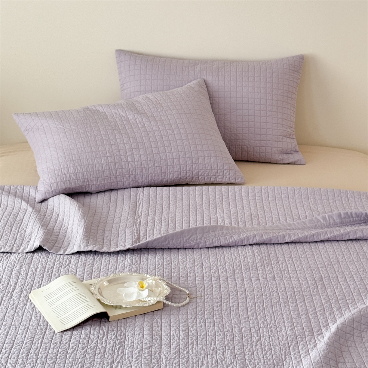 91家纺网 家纺一手货源 找家纺 床盖工厂店 2026新款双面全棉填充棉花面包格床盖三件套 面包格-千叶紫