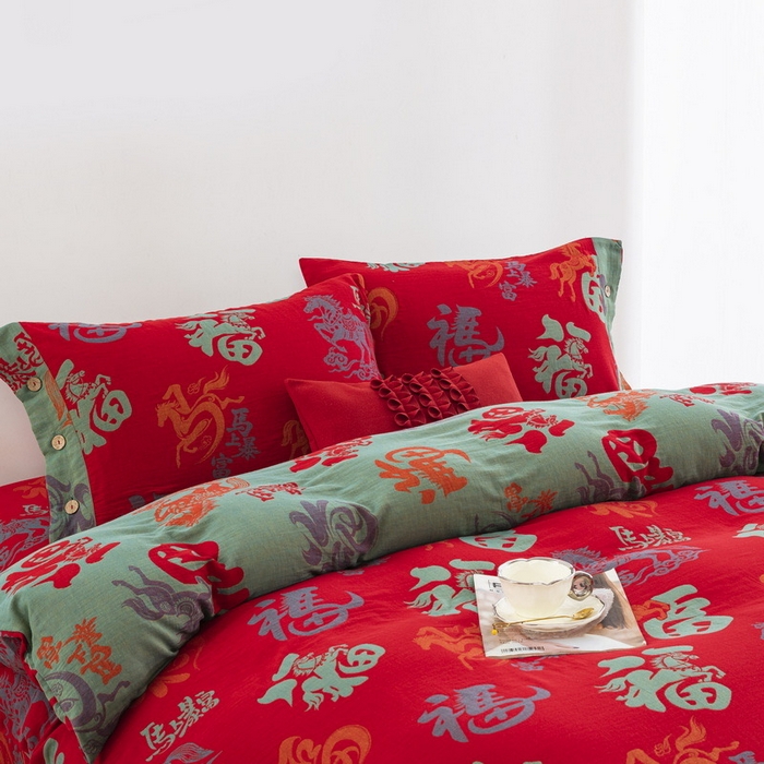 91家纺网 家纺一手货源 找家纺 （总）仰望棉麻双层纱供应链 2026新款全棉色织提花双层纱四件套-马上暴富纽扣款