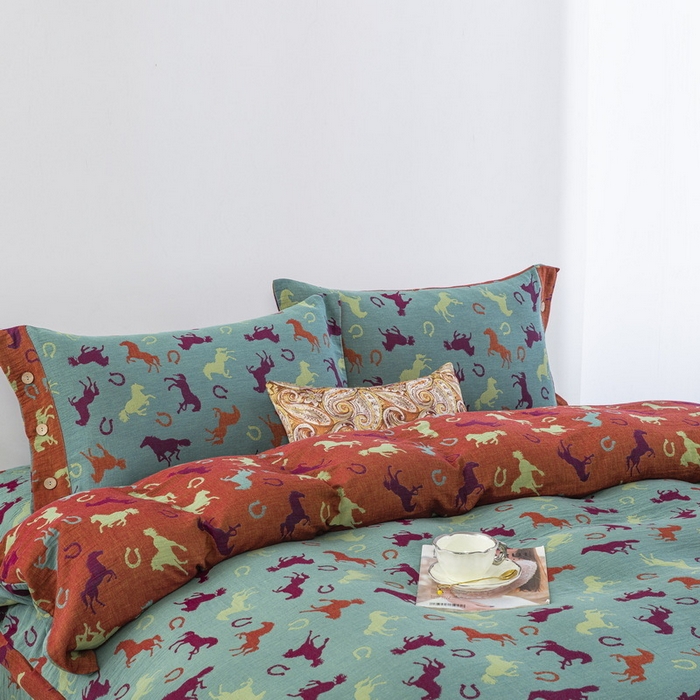 91家纺网 家纺一手货源 找家纺 （总）仰望棉麻双层纱供应链 2026新款全棉色织提花双层纱四件套-马上有钱纽扣款