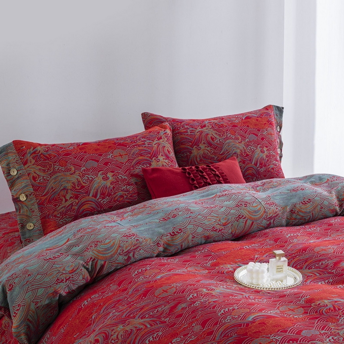 91家纺网 家纺一手货源 找家纺 （总）仰望棉麻双层纱供应链 2026新款新中式全棉色织提花双层纱四件套-祥云